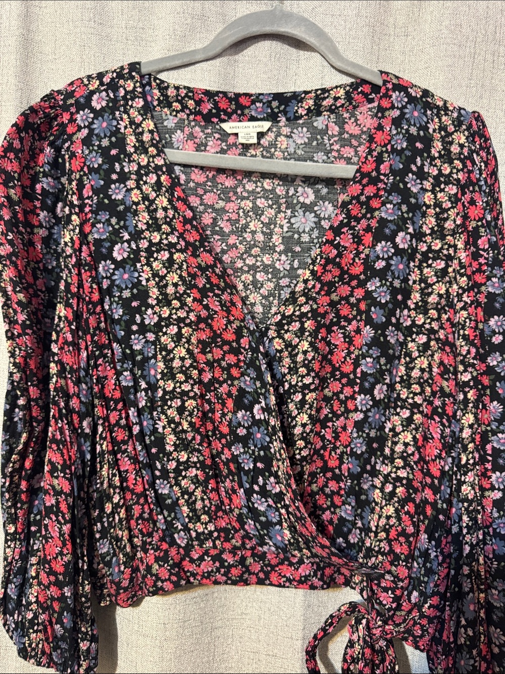 American Eagle Outfitters Black Floral Wrap Blouse with Pink & Blue Flowers
